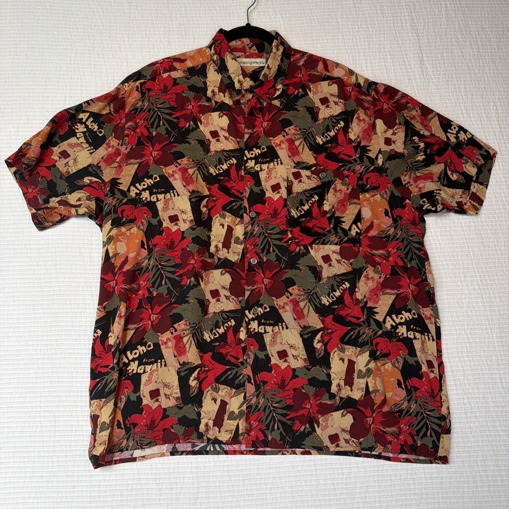 Munsingwear Men Short Sleeve Button Up Hawaiian Shirt  Floral Red Retro L  Rayon